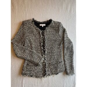 IRO Azure Tweed Jacket Black White Frayed Trim Open Front Cotton Blend Size 36
